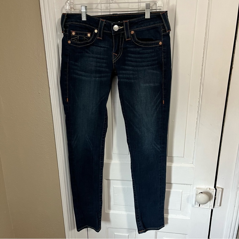 True Religion Stella Skinny Jeans Dark Wash Orange Embroidered Size 28 Q2 - Picture 2 of 10
